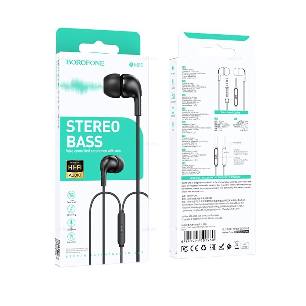 Гарнитура Borofone BM83, вакуумные, разъем Jack, кабель 1.2 м Black