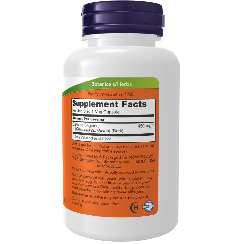 Now Foods Cascara Sagrada 450 mg 100 veg capsules, Экстракт коры крушины, Каскара Саграда
