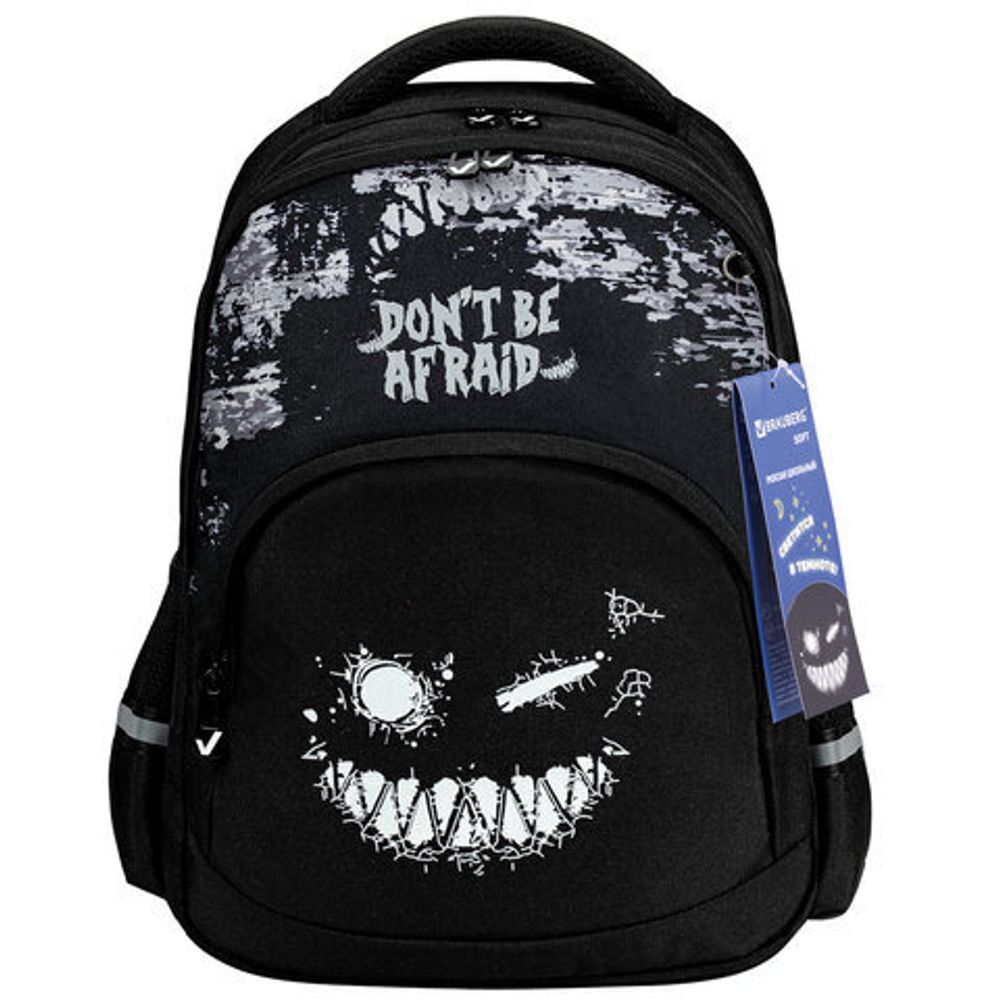 Рюкзак BRAUBERG SOFT, 2 отделения, 3 кармана, "Don't be afraid", СВЕТЯЩИЙСЯ, 40х31х15 см, 271364