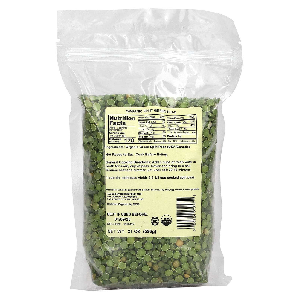 Bergin Fruit and Nut Company, Органический колотый зеленый горошек, 596 г (21 унция)