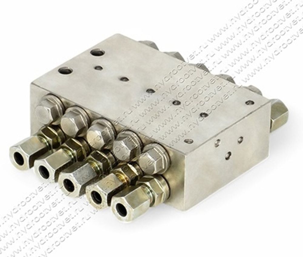 SSV10 - Питатель для прогрессивных систем смазки с рабочим давлением 300 бар, количество выходов 10, максимальная доза 0,2 мл/цикл, без реле