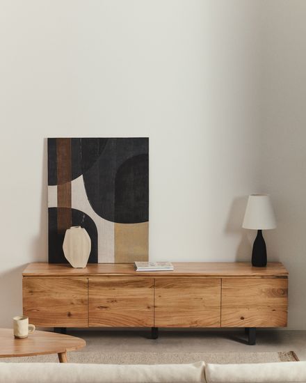 Тумба под телевизор Uxue с 4 дверцами из массива акации с беленой отделкой 200 x 58 см