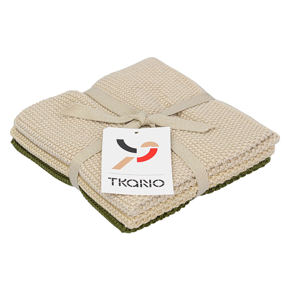 Набор из трех вязаных салфеток для уборки и мытья посуды бежевого и оливкового цветов из коллекции essential, 28х28 см