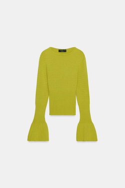 ZARA ДЖЕМПЕР ВЯЗАНЫЙ АЖУРНЫЙ С РУКАВАМИ КЛЕШ, ЗЕЛЕНЫЙ