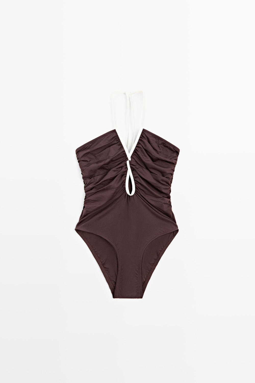 Massimo Dutti Купальник с контрастной отделкой и сборками, коричневый