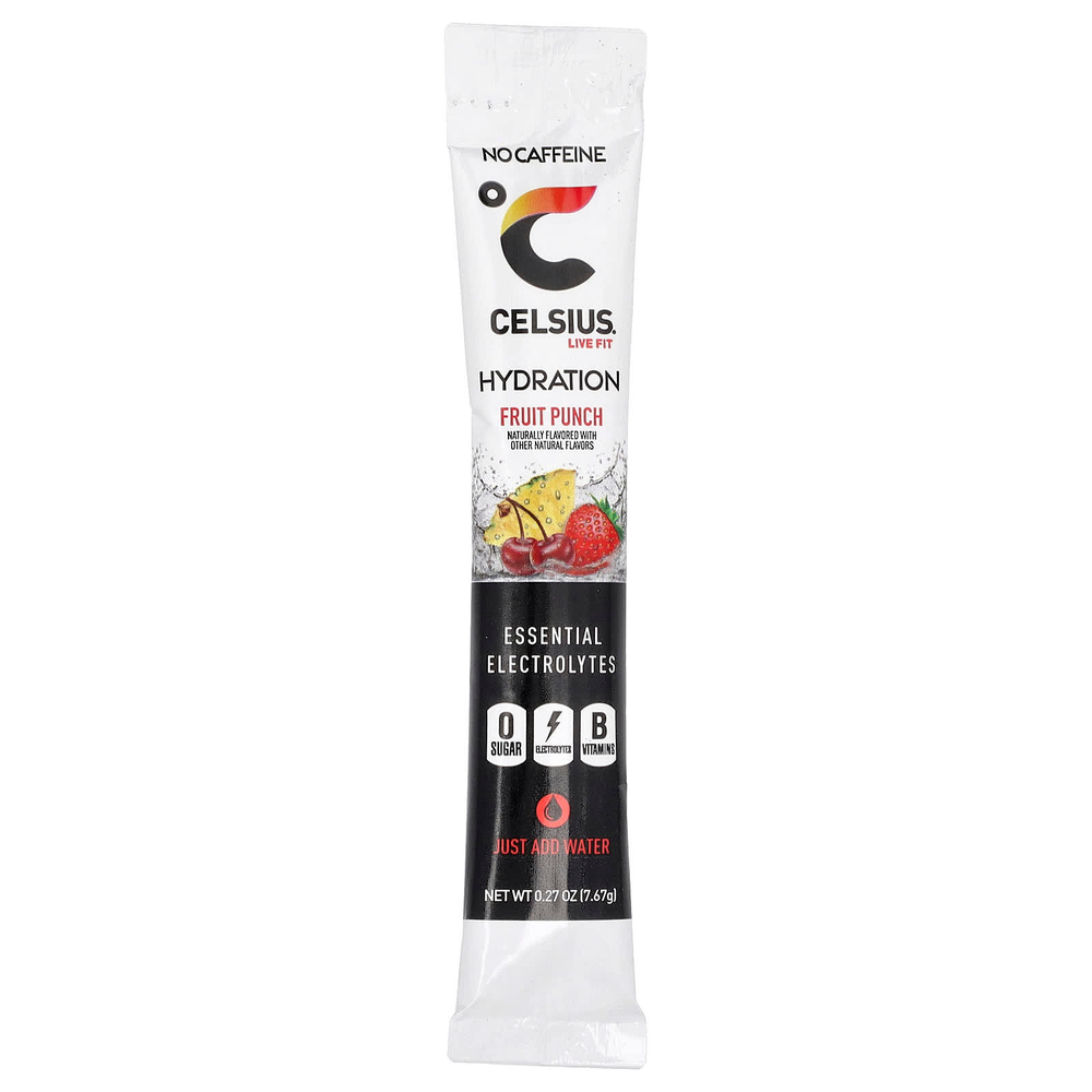 Celsius, Live Fit, увлажнение, незаменимые электролиты, без кофеина, фруктовый пунш, 14 порошковых стиков для увлажнения, 7,76 г (0,27 унции)