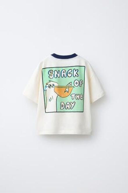 ZARA ФУТБОЛКА С ПРИНТОМ «ПЕЛИКАН», ЦВЕТ СЛОНОВОЙ КОСТИ