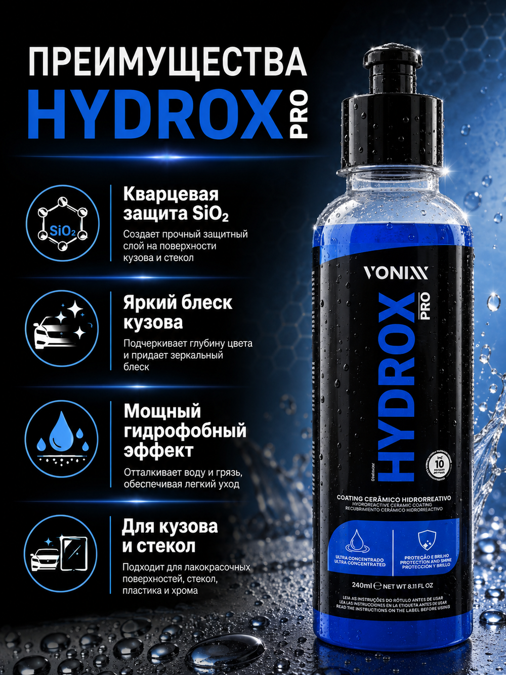 Vonixx Кварцевое покрытие автомобиля HYDROX PRO, концентрат с SiO₂ для кузова и стекол, 240 мл