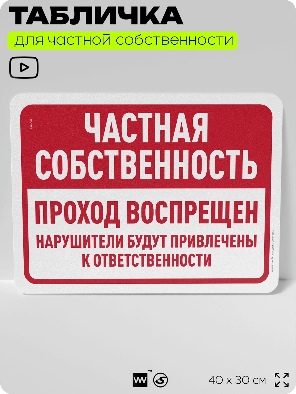 Табличка для частной территории "Частная собственность, проход воспрещен", на дом, для участка, организаций, предупреждающая, 40х30 см, Silver Plane x Айдентика Технолоджи