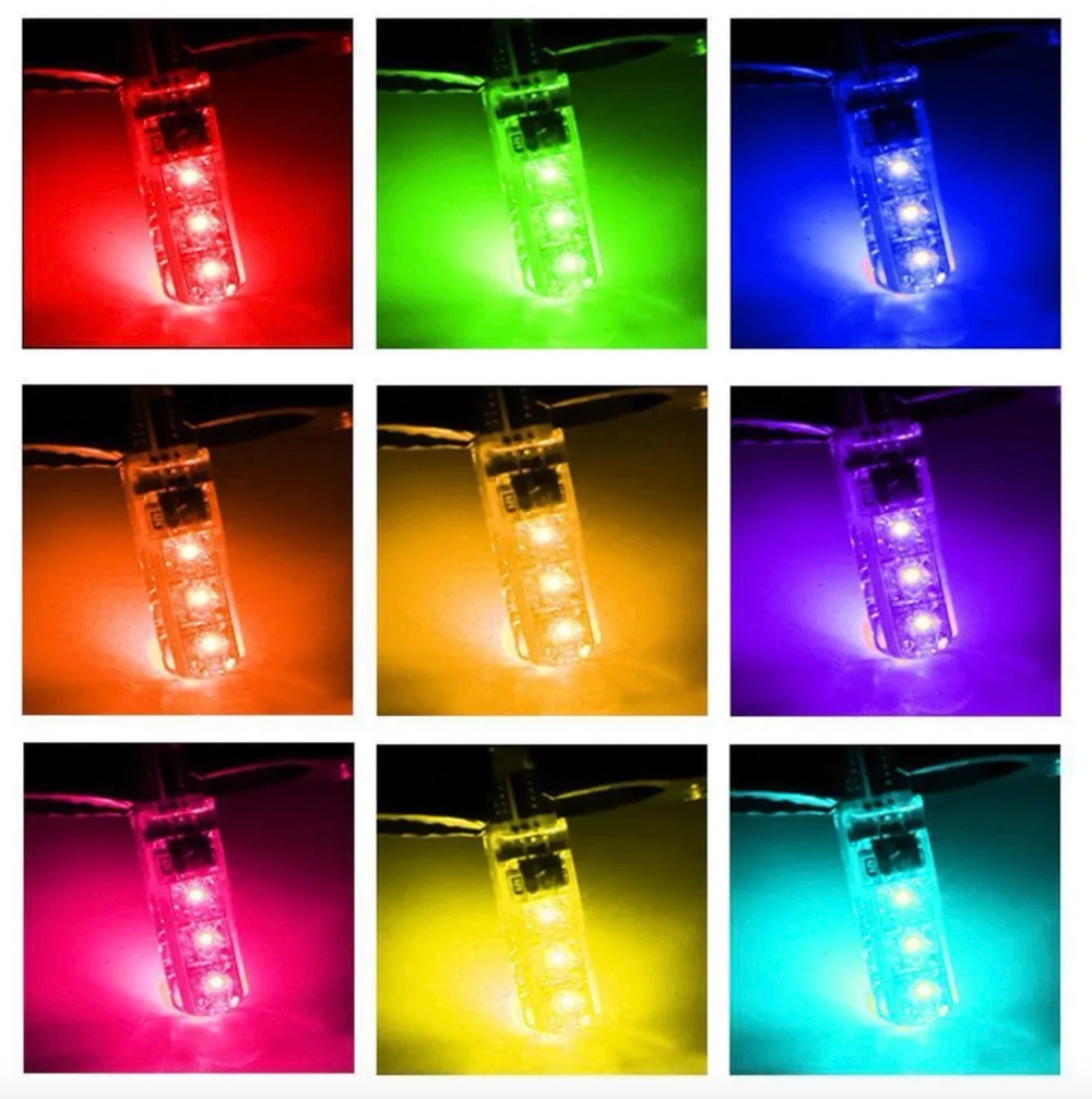 Светодиодная автомобильная лампа T10 W5W RGB. В передние и задние габариты, подсветка номера, подсветка салона. (2 шт. / комплект.) -