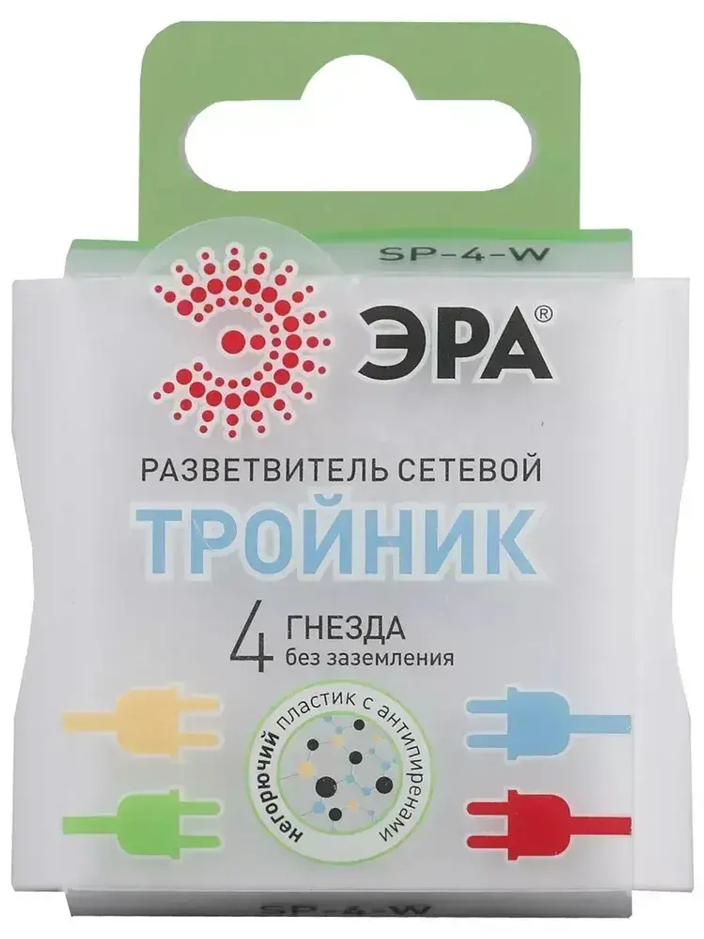 Тройник SP-4-W ЭРА розетка электрический / Разветвитель без заземления, 4 розетки, 16А, белый