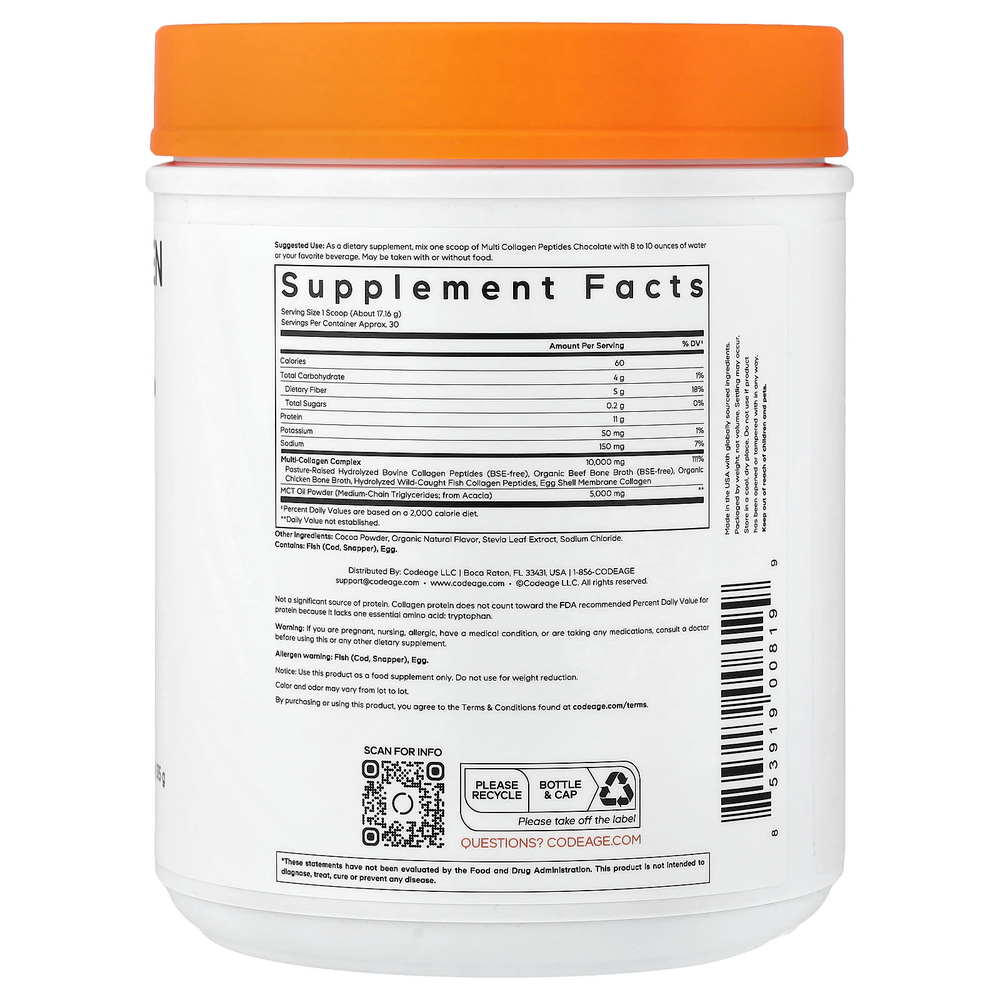 Codeage, пептиды коллагена нескольких типов, в форме порошка, с шоколадным вкусом, 515 г (18,17 унции)