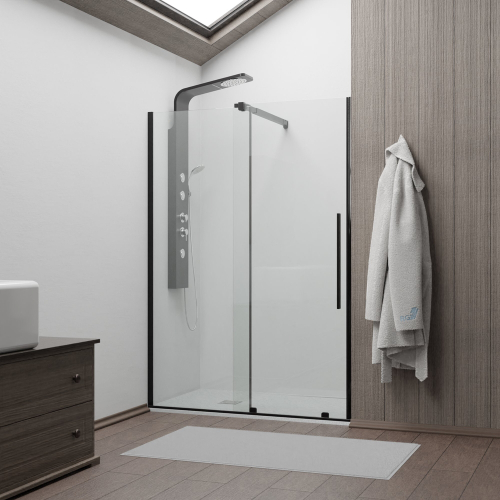 Душевая откатная дверь-купе в нишу TO-18B черная, стекло прозрачное, ход нижние колеса (Прозрачное, 1400)