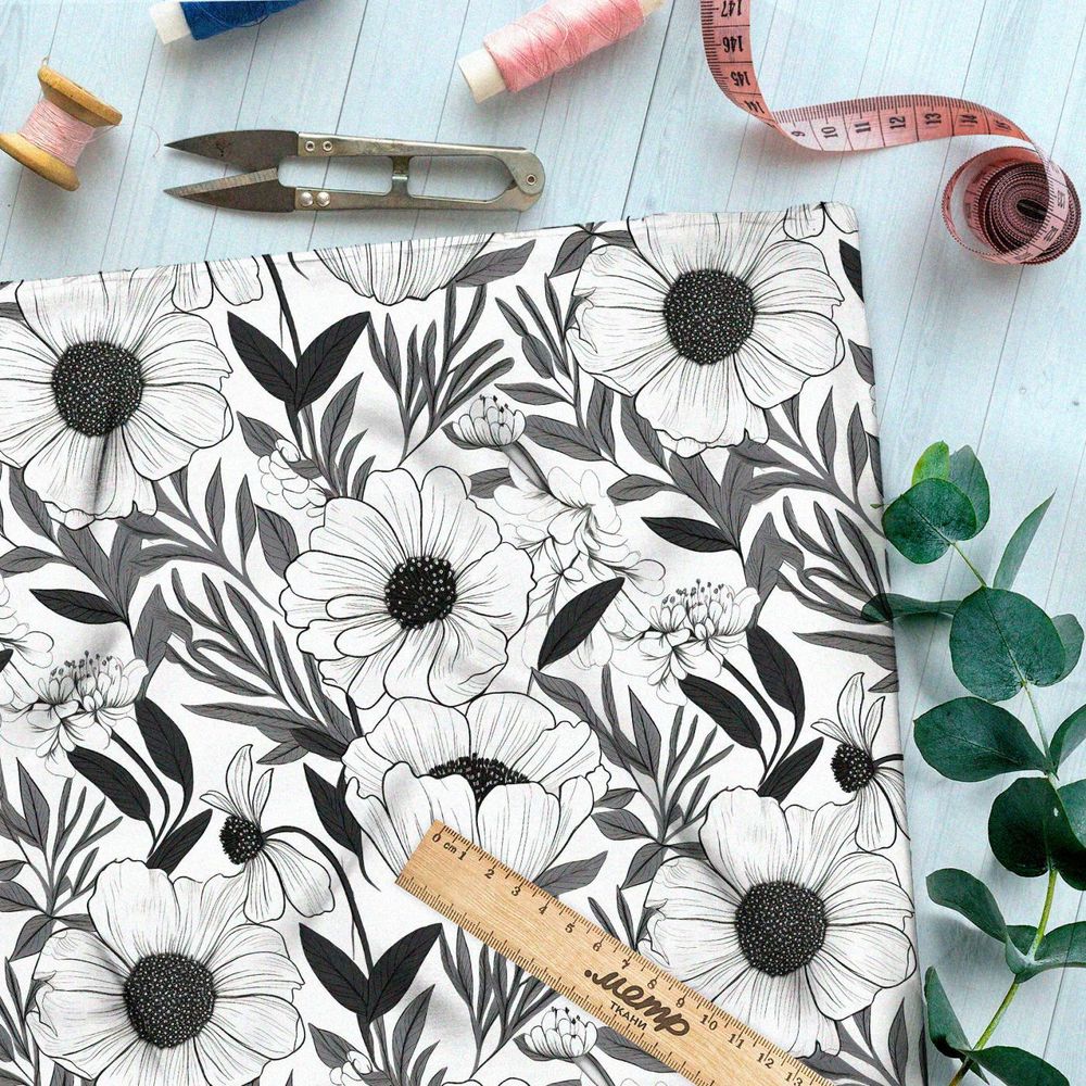 Ткань премиум шелк искусственный Армани черно-белый цветник