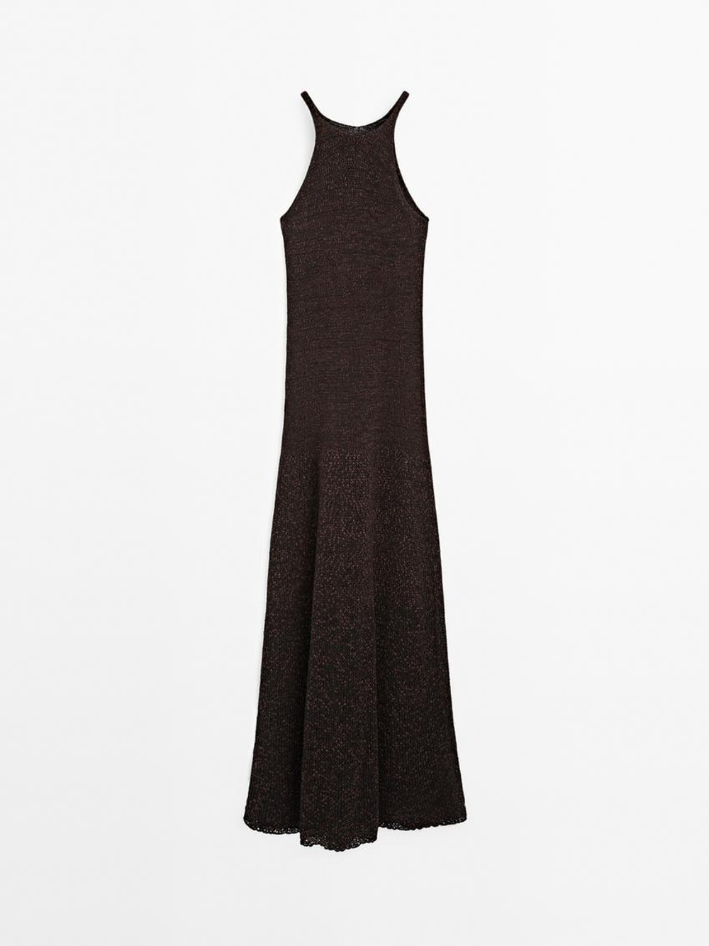 Massimo Dutti Длинное трикотажное платье из смесового хлопка, коричневый