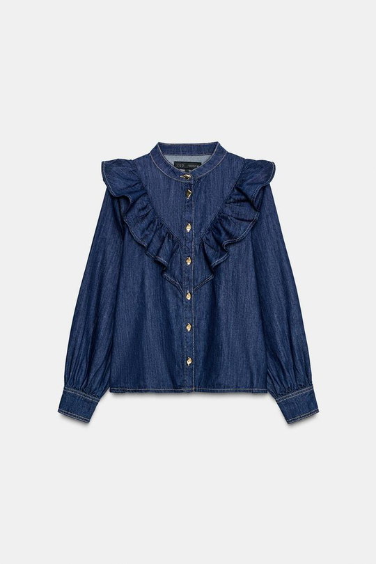 ZARA ДЖИНСОВАЯ РУБАШКА Z1975 С ВОЛАНАМИ, СИНИЙ