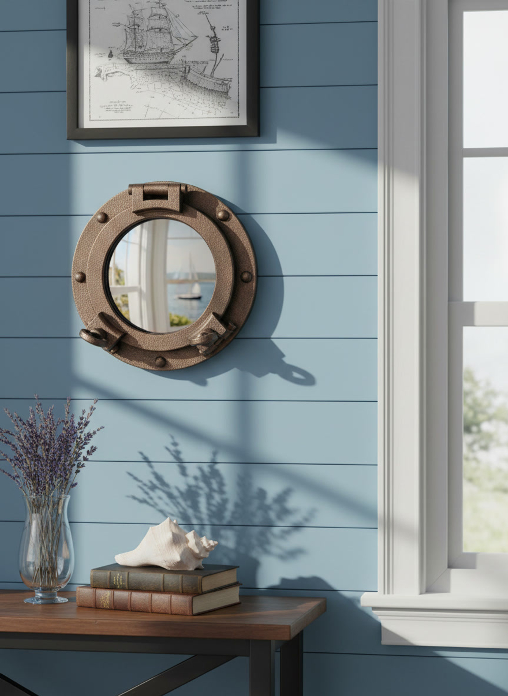 Зеркало-иллюминатор WOODandROOT в морском стиле на голубой стене, рядом стол с ракушками и декором, мягкий солнечный свет в интерьере.