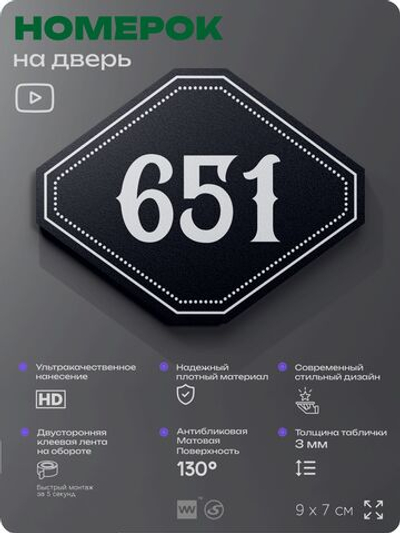 Номерок на дверь квартиры 651, для кабинета, офиса, шильдик 9 х 7 см, черный, Айдентика Технолоджи