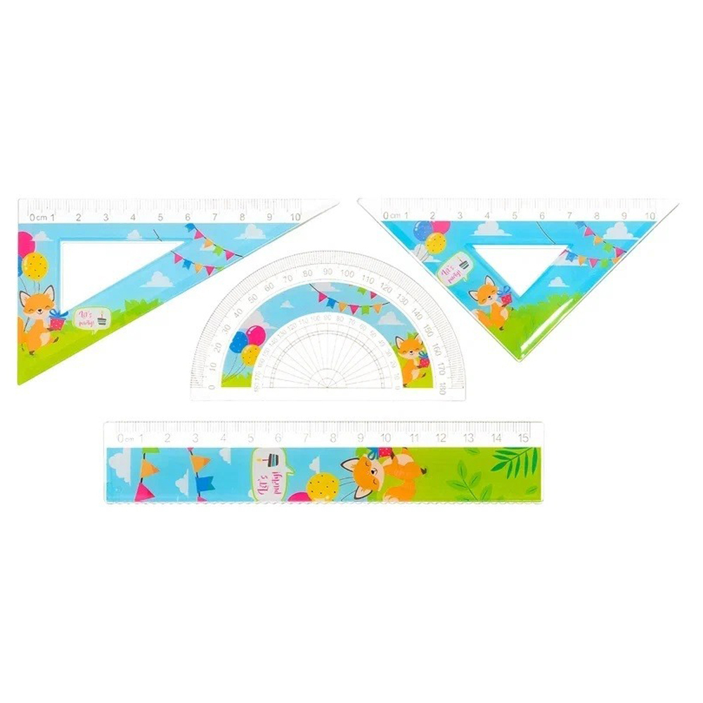 Линейка Basir пластиковая, набор 4 шт, серия "Лиса", 4 предмета: линейка 15 см, транспортир и два угольника