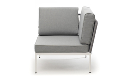 "Канны" угловой модуль плетеный из роупа, каркас алюминий белый муар, роуп светло-серый круглый, ткань светло-серая