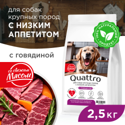 Корм сухой для взрослых собак крупных пород, премиум полнорационный комплекс, для собак с низким аппетитом, с говядиной, 2,5 кг, QUATTRO