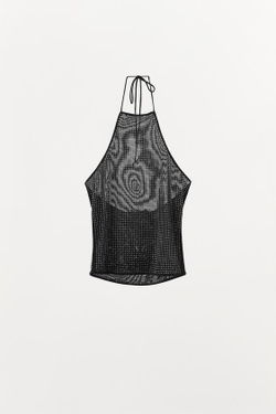 ZARA ТОП С ГОРЛОВИНОЙ ХАЛТЕР ИЗ ПОЛУПРОЗРАЧНОЙ ТКАНИ СО СТРАЗАМИ, ЧЕРНЫЙ