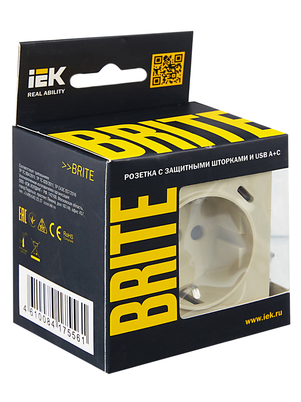 BRITE Розетка 1-местная с заземлением с защитными шторками 16А с USB A+C 18Вт РЮш11-1-БрКр бежевый IEK