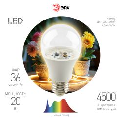 Фитолампа для растений светодиодная ЭРА FITO-20W-Ra90-E27 полного спектра 20 Вт Е27 | Фитолампы Е27