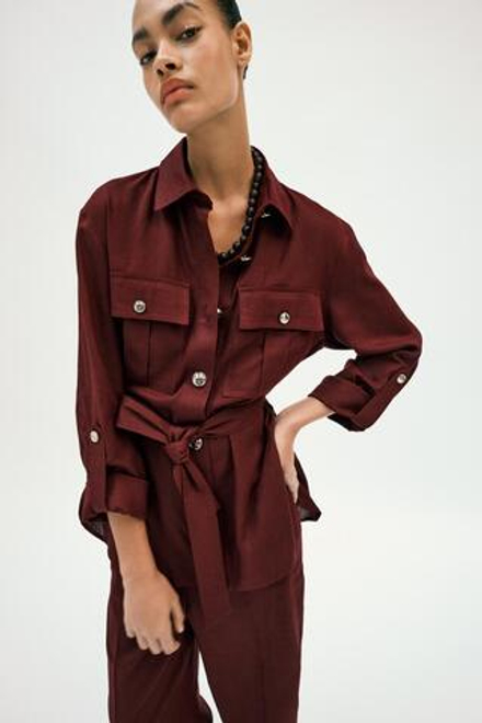 ZARA КУРТКА-САФАРИ ИЗ ЛЬНА С РЕМНЕМ, БУРГУНДИ