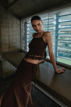 ZARA ЮБКА-ПАРЕО МИДИ С БАХРОМОЙ, КОРИЧНЕВЫЙ