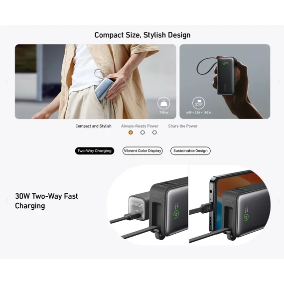 Внешний аккумулятор Anker Nano Power Bank 10000 mAh A1259 черный (30W Built-In USB Cable)