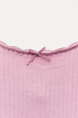 ZARA БЕСШОВНЫЙ КРОП-ТОП В РУБЧИК С БАНТИКОМ, ПУДРОВО-РОЗОВЫЙ
