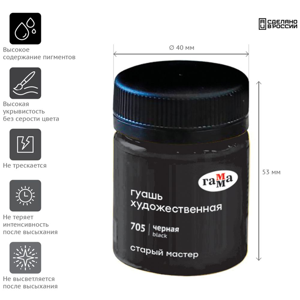 Гуашь художественная 1 шт. ГАММА "Старый Мастер" 40 мл, черная, 12112040705