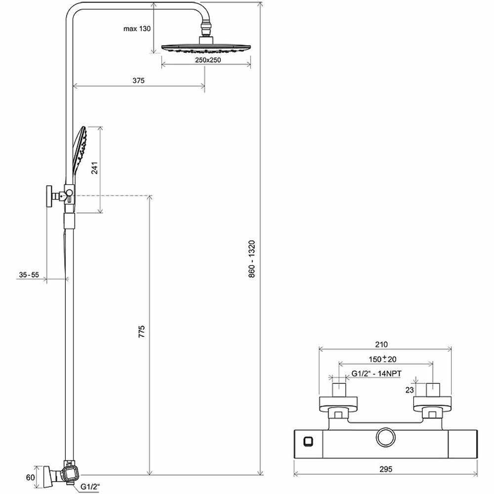 Душевая система Ravak 10° Free TD F 091.00/150 X070141 с термостатом Хром