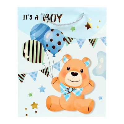 Пакет подарочный "Новорожденный" 26*32*10 см, ручки-шнурок, обработка - фольга, 4 цвета микс