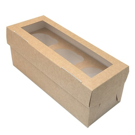 Коробка для капкейков с окном на 3 капкейка белая / крафт 25х10х10 см