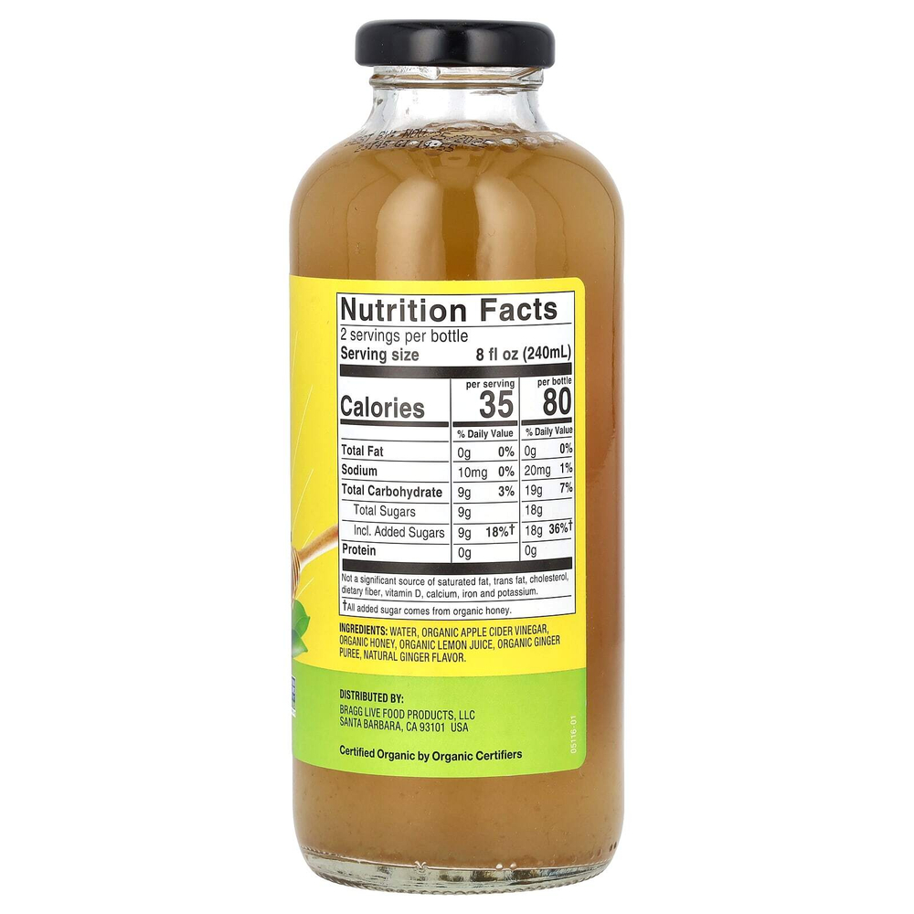 Bragg, освежающая добавка из органического яблочного уксуса, пребиотик, имбирь и лимон и мед, 473 мл (16 жидк. унций)