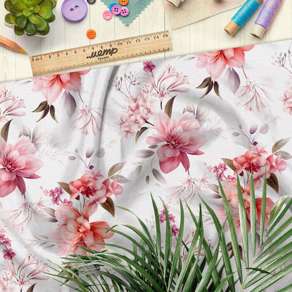 Ткань бифлекс утончённые нежные цветы на бежевом фоне