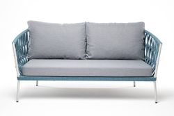 "Диего" диван 2-местный плетеный из роупа, каркас алюминий светло-серый (RAL7035) муар, роуп бирюзовый круглый, ткань светло-серая