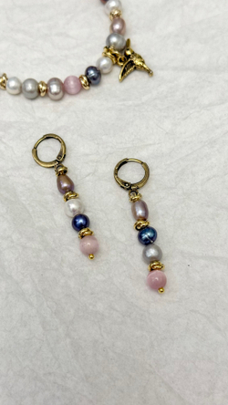 Серьги длинные из натурального жемчуга и кошачего глаза, оттенок золото, замок левербек