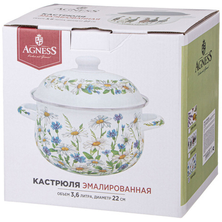 КАСТРЮЛЯ AGNESS ЭМАЛИРОВАННАЯ С ЭМАЛ.КРЫШКОЙ СЕРИЯ "FAMILY FARM", 3.6 Л, 22*13 СМ