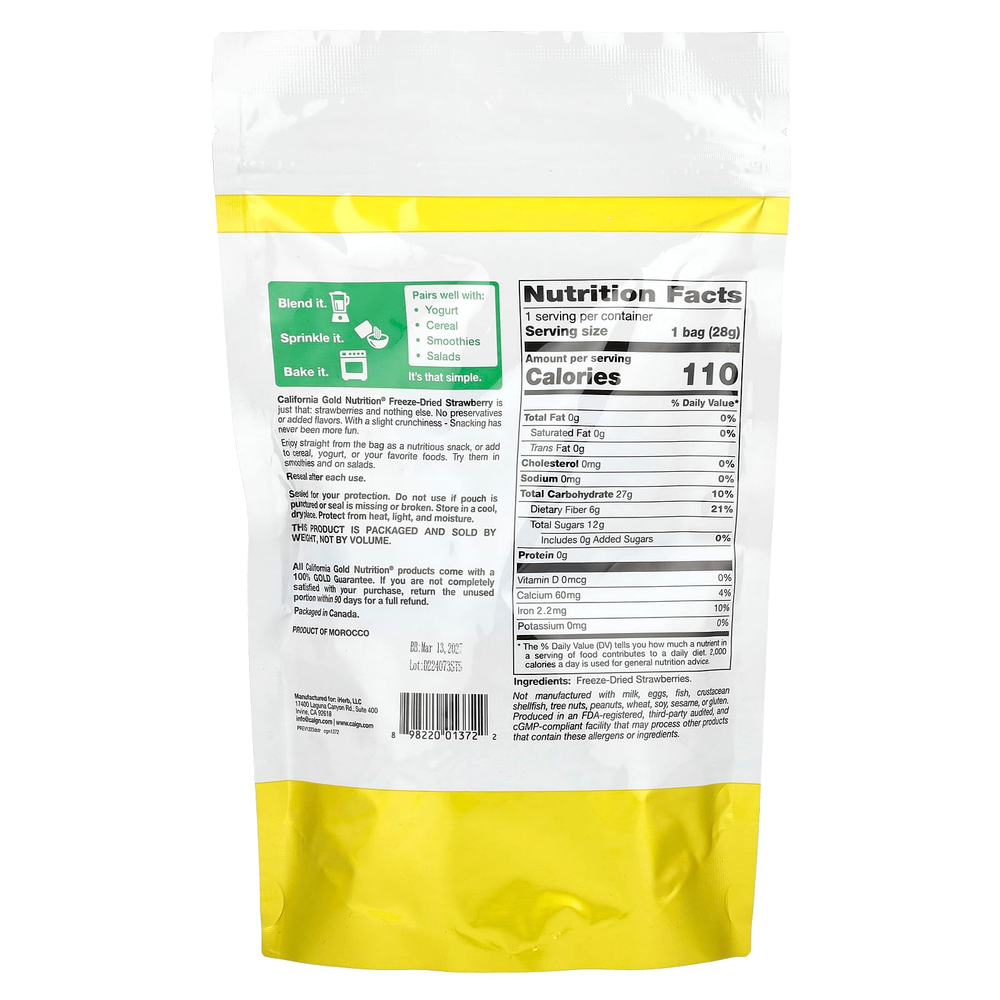 California Gold Nutrition, сублимированная клубника, кусочки ягод, готовые к употреблению, 28 г (1 унция)