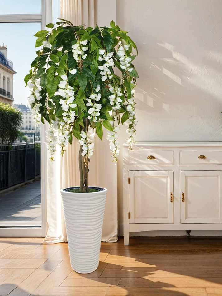 Искусственное дерево Акация белая 170 см в высоком круглом белом кашпо