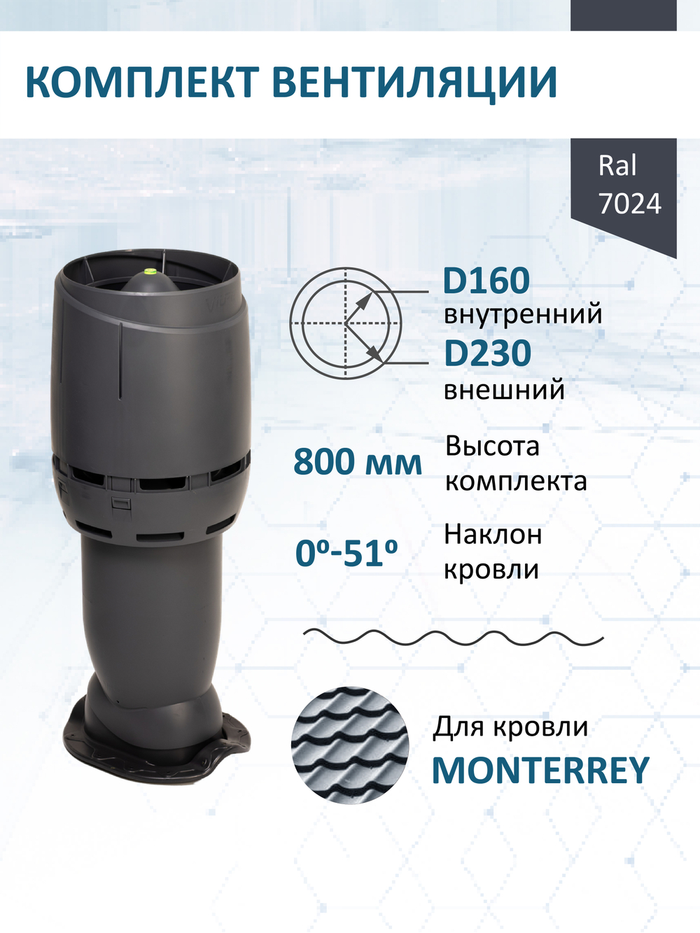 Комплект вентиляции: Вентиляционный выход изолированный Vilpe D160/225 утепленный высота H=500 мм, проходной элемент для металлочерепицы Monterrey, колпак Ø 230 мм, серый графит