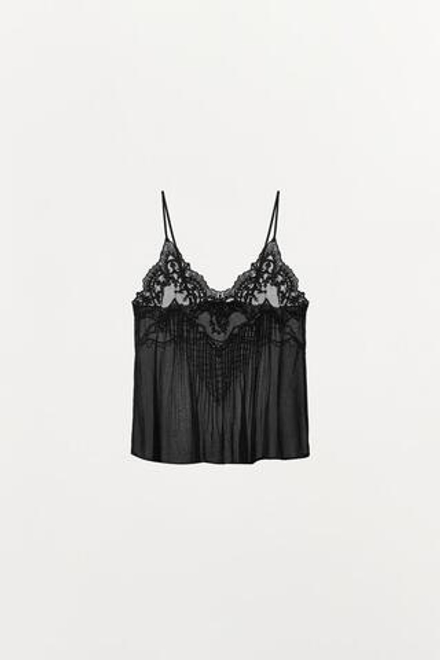 ZARA ТОП В БЕЛЬЕВОМ СТИЛЕ С ВЫШИВКОЙ И БУСИНАМИ — ZW COLLECTION, ЧЕРНЫЙ