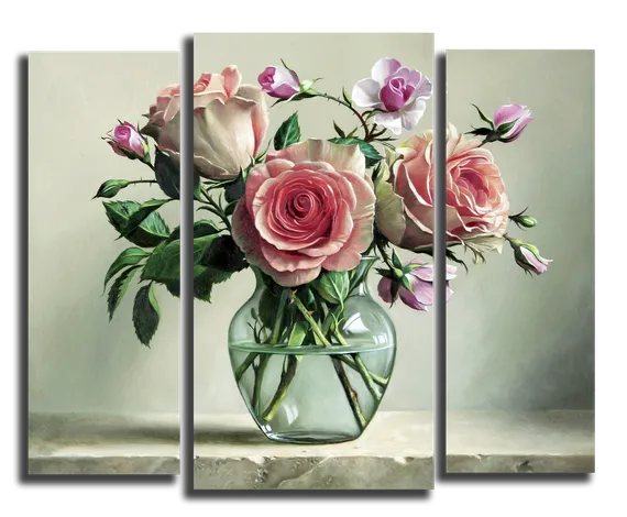 Модульная картина "Розы в стеклянной вазе"