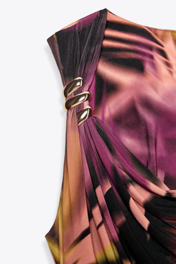 ZARA ПЛАТЬЕ МИДИ С ПРИНТОМ И АППЛИКАЦИЕЙ, РАЗНОЦВЕТНЫЙ