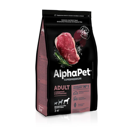 Сухой корм ALPHAPET Superpremium для взрослых собак крупных пород с говядиной и потрошками - 3 кг