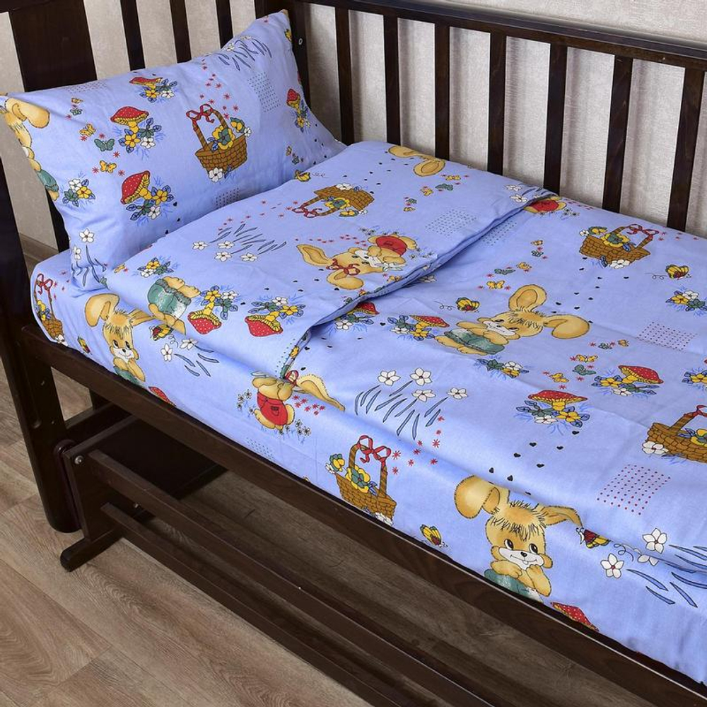 Комплект постельного белья "IS. ЗАЙЧИКИ С КОРЗИНКОЙ СИНИЙ", бязь, 100% хлопок.