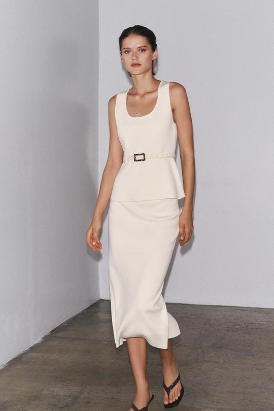 ZARA ТРИКОТАЖНАЯ ЮБКА МИДИ, ЭКРЮ